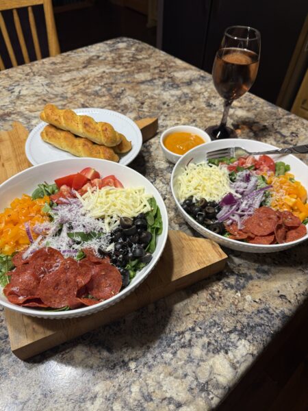 Pizza Salad Bowls with Pepperoni, Cheese, Veggies and Sun Dried Tomato Vinaigrette