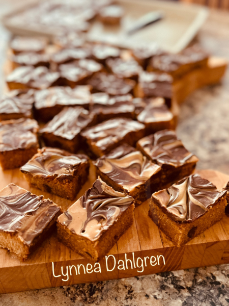 Peanut Butter Chocolate Chip Blondie Bars with Peanut Butter Chocolate swirl topping