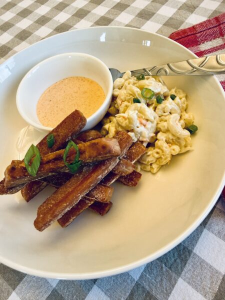 Spam French Fries with Sauce and Hawaiian Macaroni Sald